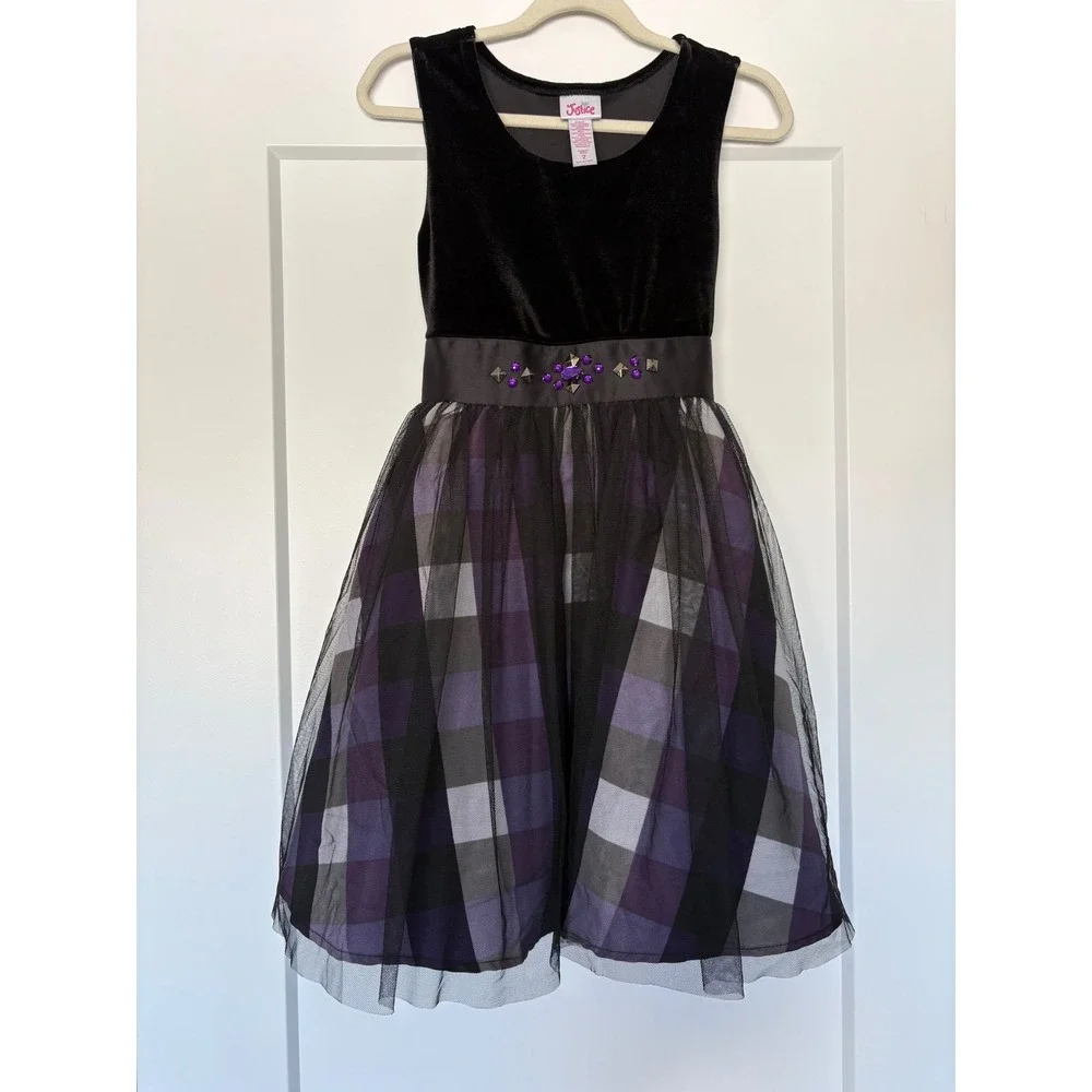 Justice Girls Black Velvet Purple Plaid Tulle Party Dress Rhinestone Studded‎ 7